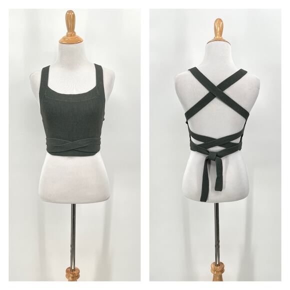ARITZIA WILFRED Cayenne Crop Ribbed Knit Halter Top Womens M Green Tie Open Back - Picture 4 of 15
